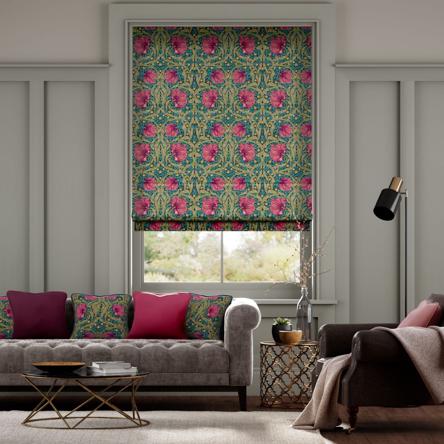 William Morris Pimpernel Teal Click2Go Roman Blind in a living room with matching William Morris cushions