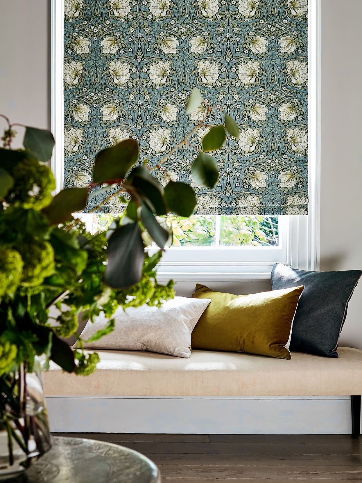 Electric William Morris Pimpernel Sage Roman Blind