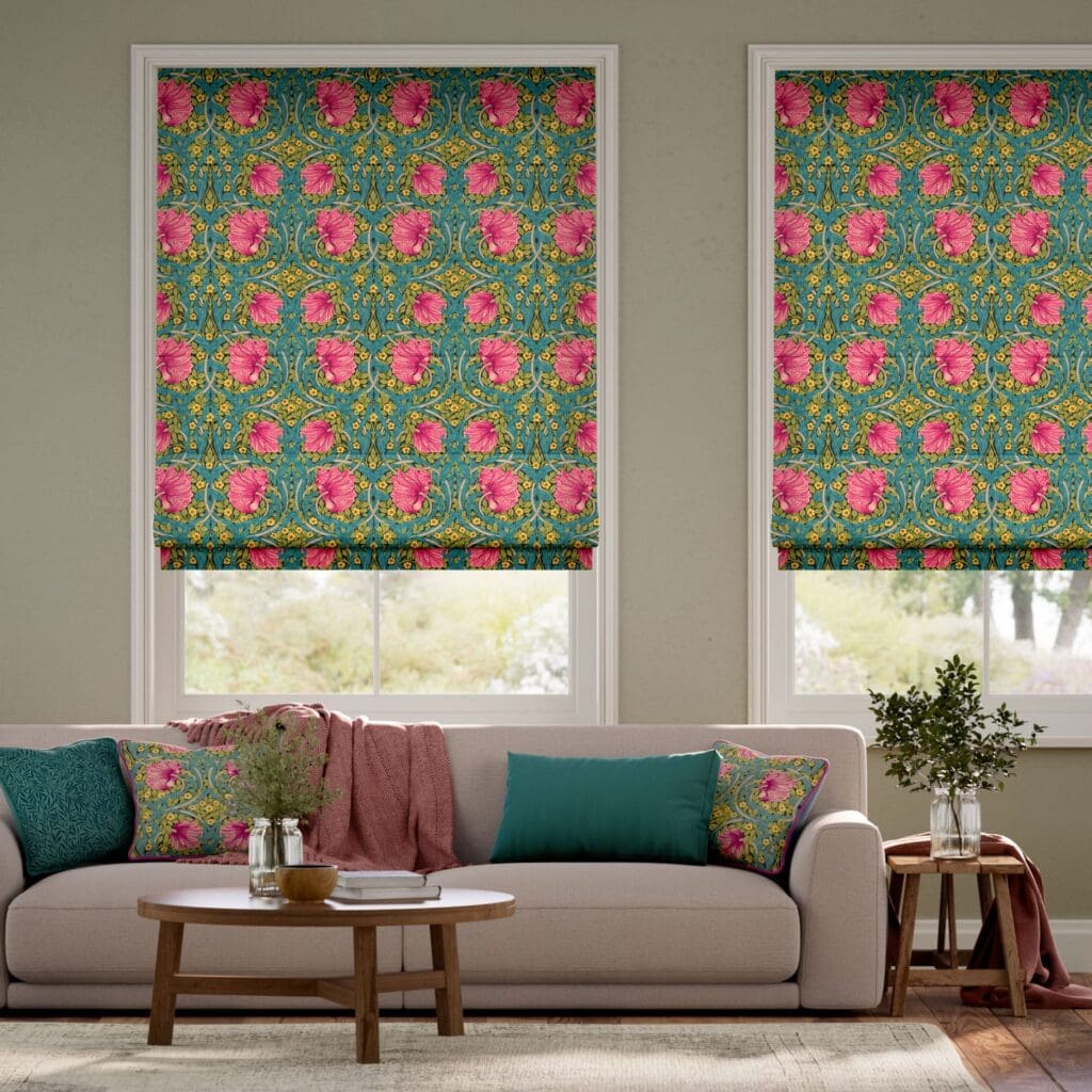 William Morris Pimpernel Magenta Roman Blind designed in collaboration with the V&A